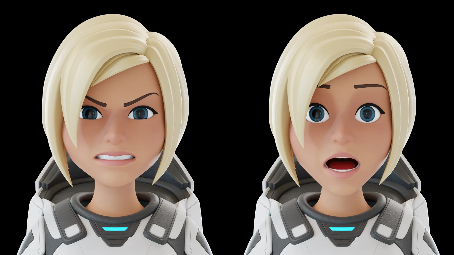 Cartoon Female Astronaut expression sheet with happy, surprised, angry, sad, and neutral faces